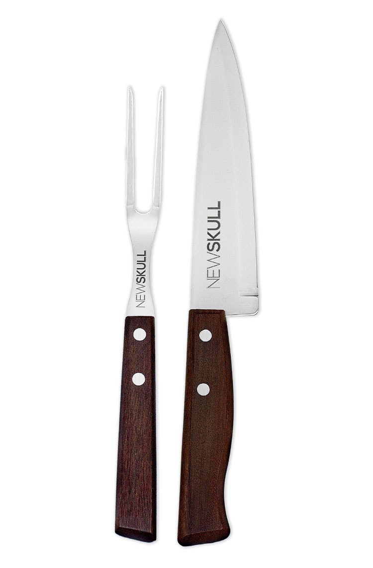 Kit Churrasco Tramontina x NewSkull em Aço Inox com Cabo em Madeira Natural 2 Peças
