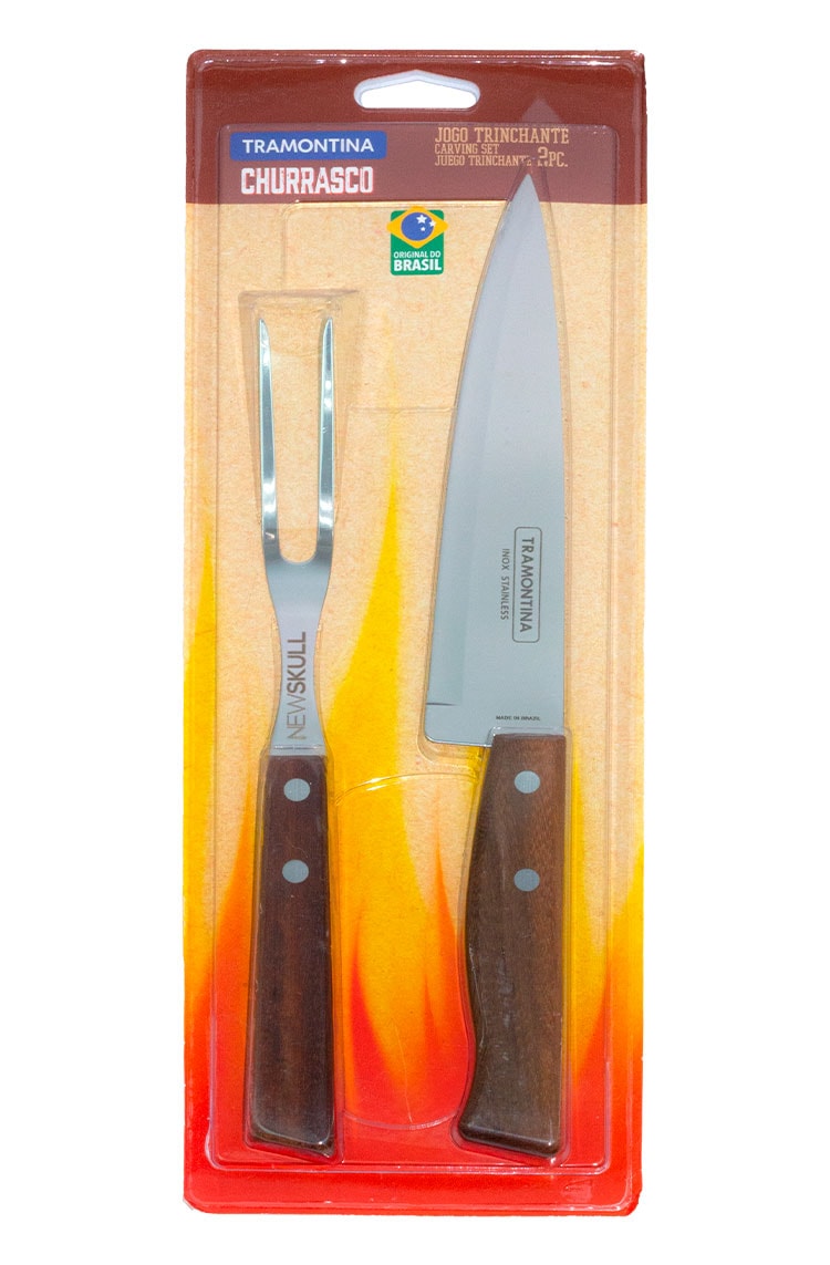 Kit Churrasco Tramontina x NewSkull em Aço Inox com Cabo em Madeira Natural 2 Peças