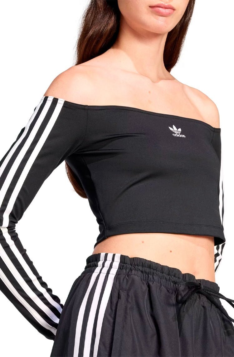 Camiseta Adidas Cropped Adicolor Off Shoulder Long Sleeve Preto/Branco - NewSkull
