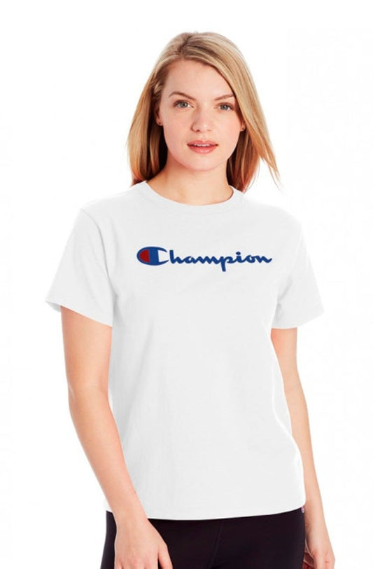 Camiseta Champion Feminina Classic Graphic Off White/Azul - NewSkull