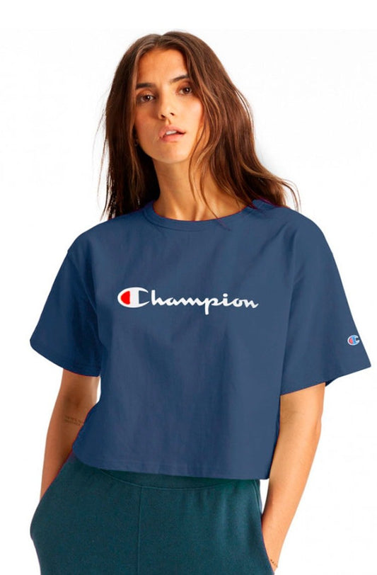 Camiseta Champion Feminina Cropped Tee Script Logo Ink Azul/Branca - NewSkull