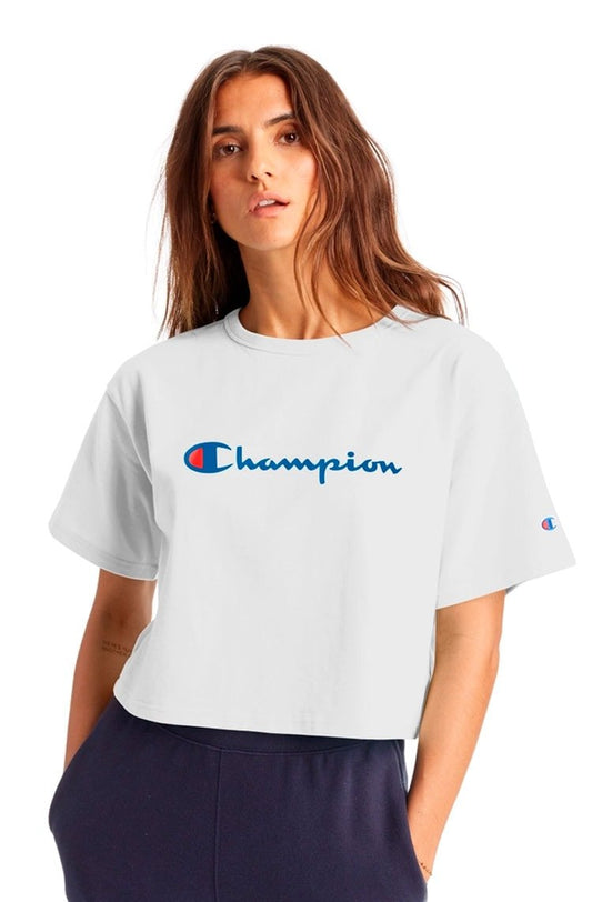 Camiseta Champion Feminina Cropped Tee Script Logo Ink Branca/Azul - NewSkull