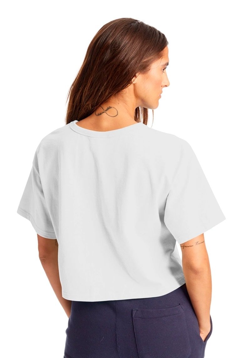 Camiseta Champion Feminina Cropped Tee Script Logo Ink Branca/Azul - NewSkull