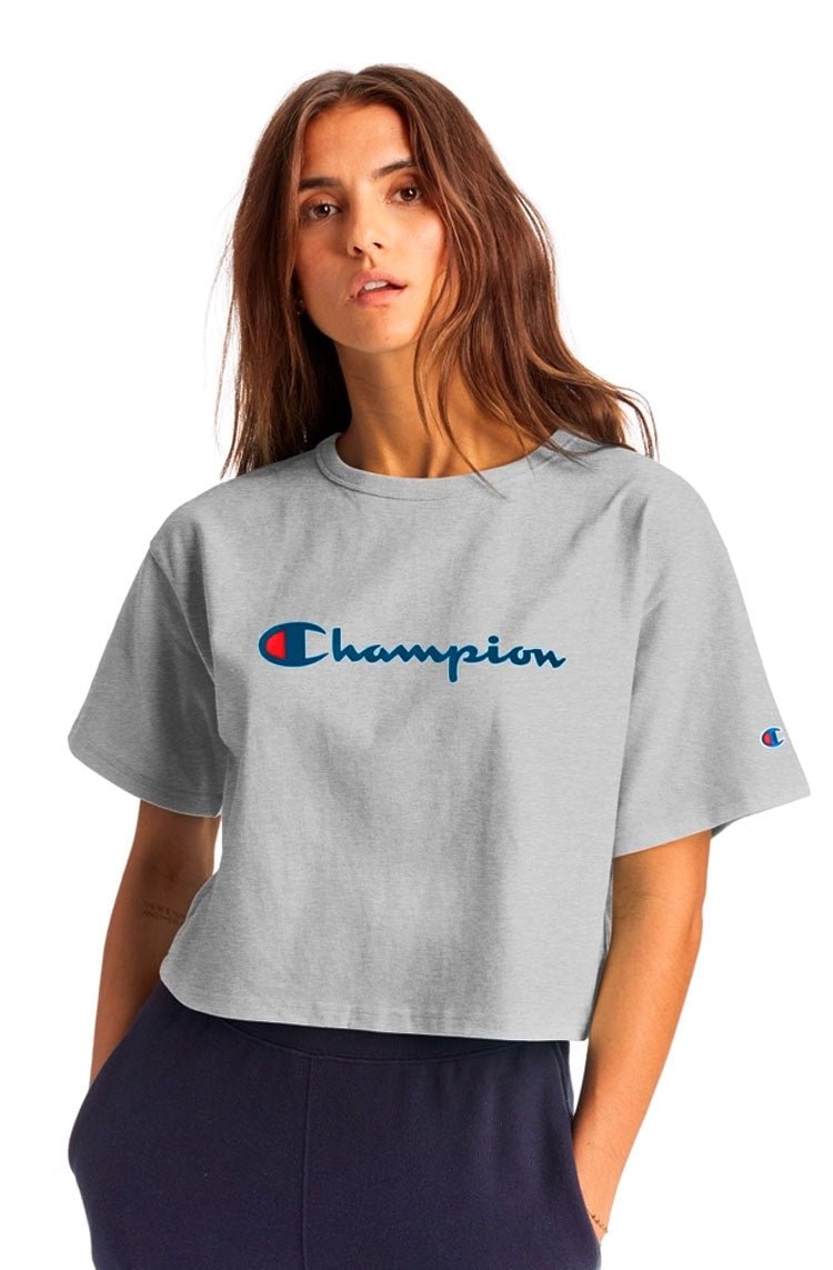 Camiseta Champion Feminina Cropped Tee Script Logo Ink Cinza/Azul - NewSkull