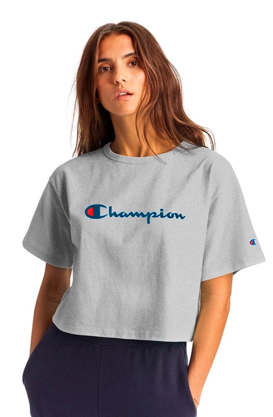 Camiseta Champion Feminina Cropped Tee Script Logo Ink Cinza/Azul - NewSkull