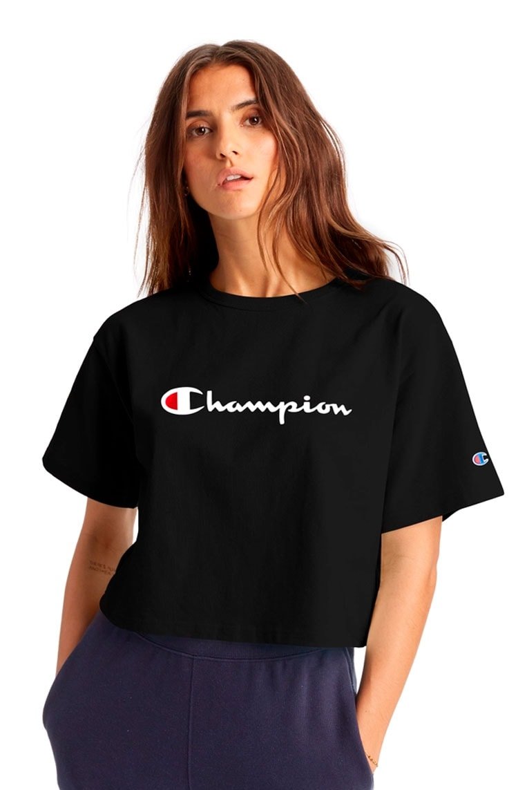 Camiseta Champion Feminina Cropped Tee Script Logo Ink Preta/Branca - NewSkull