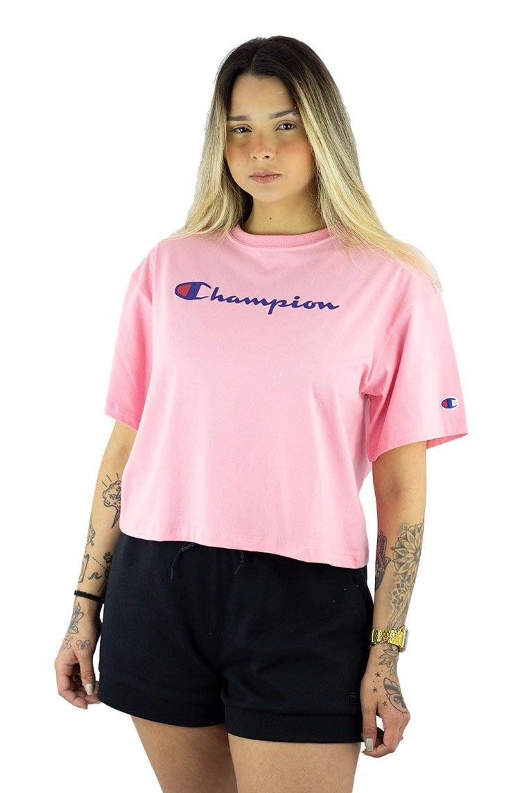 Camiseta Champion Feminina Cropped Tee Script Logo Ink Rosa/Azul - NewSkull