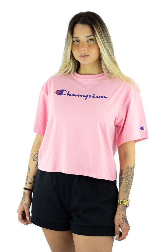 Camiseta Champion Feminina Cropped Tee Script Logo Ink Rosa/Azul - NewSkull