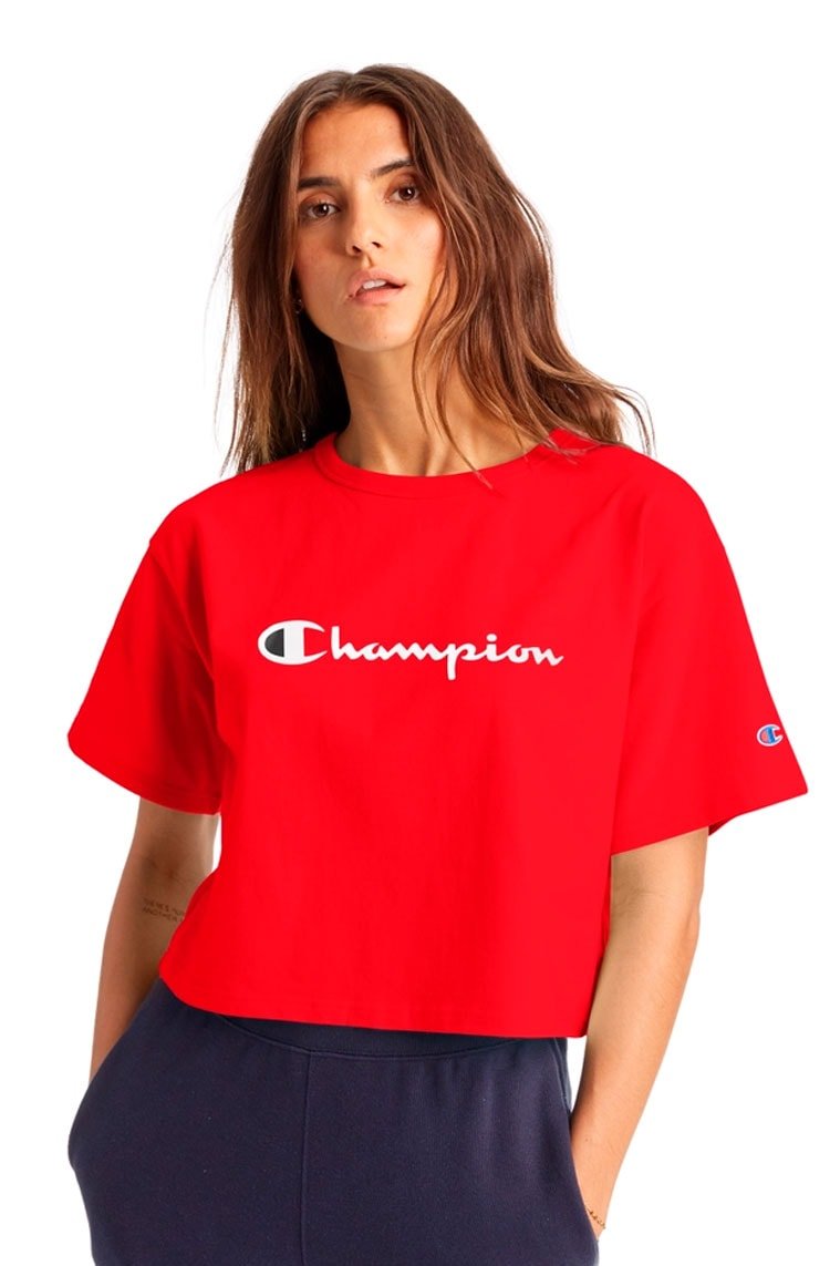 Camiseta Champion Feminina Cropped Tee Script Logo Ink Vermelha/Branca - NewSkull