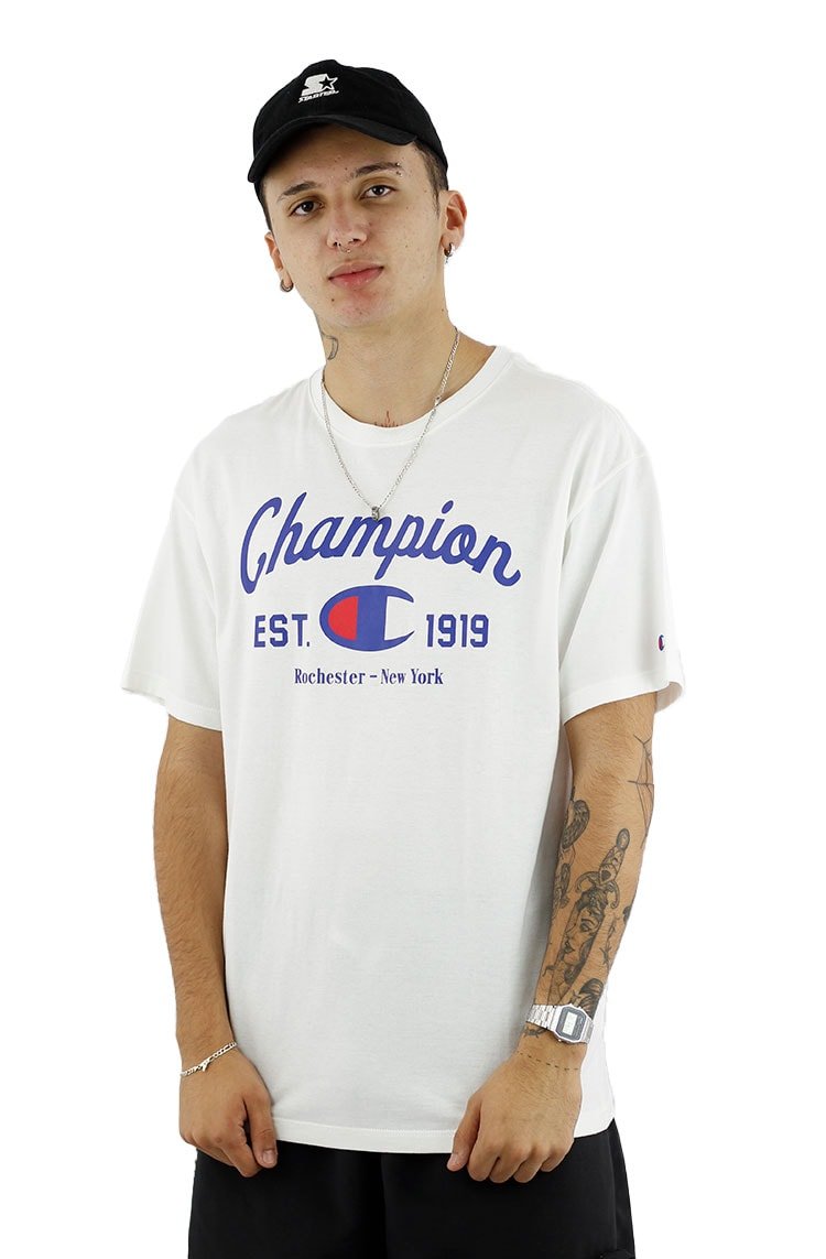 Camiseta Champion Logo Arc Script Branca - NewSkull