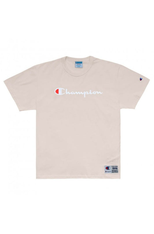 Camiseta Champion Logo Bordado Bege/Branca - NewSkull