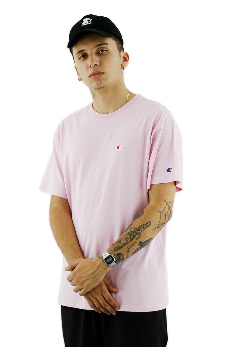 Camiseta Champion Logo Bordado C Pequeno Rosa - NewSkull