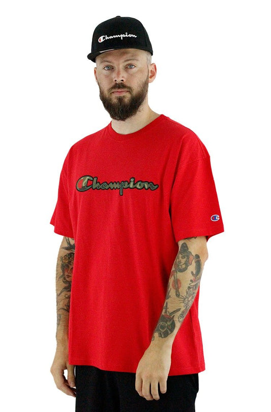 Camiseta Champion Logo Felt Script Vermelha/Camo - NewSkull
