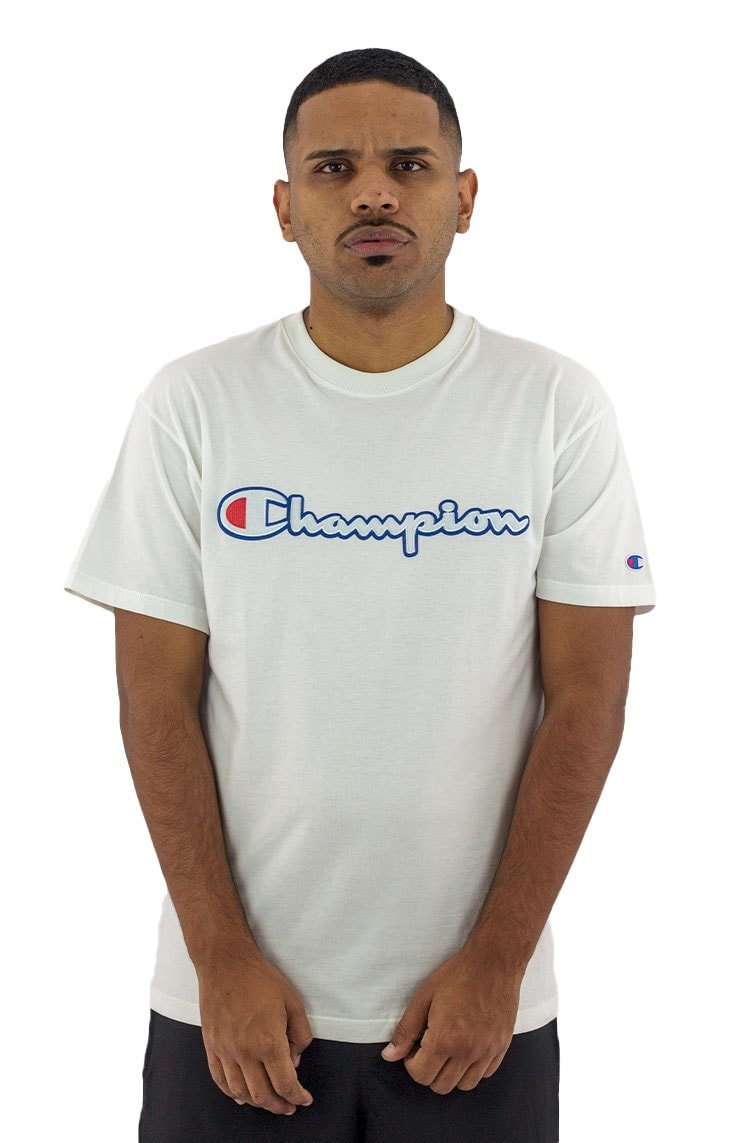 Camiseta Champion Logo Patch Script Branca - NewSkull