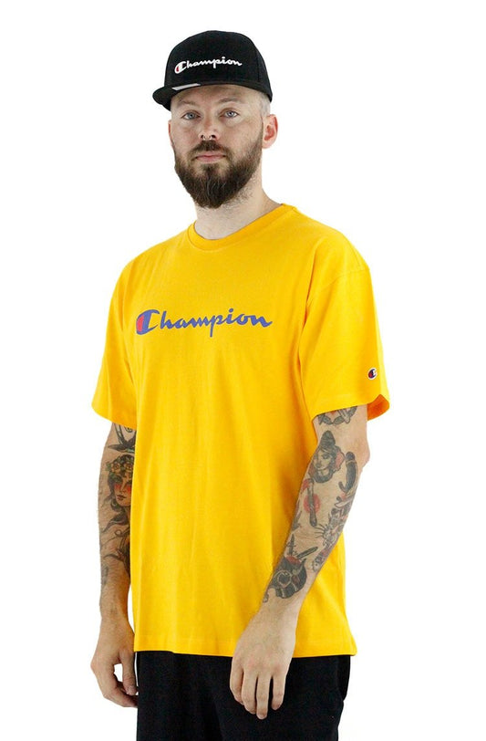 Camiseta Champion Logo Script Ink Amarela - NewSkull