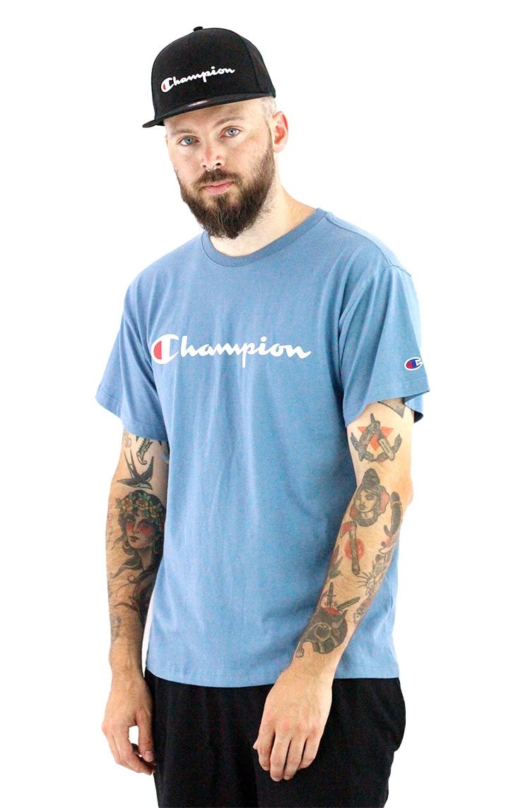 Camiseta Champion Logo Script Ink Azul Medio - NewSkull