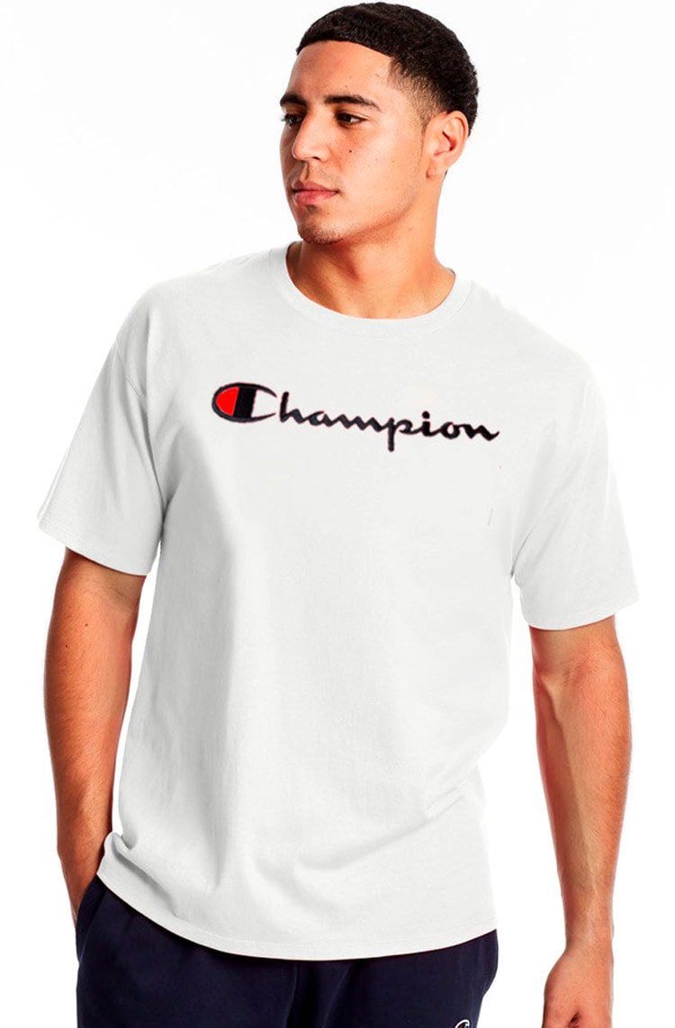 Camiseta Champion Malha Grossa Script Patch Logo Branco/Azul Marinho - NewSkull