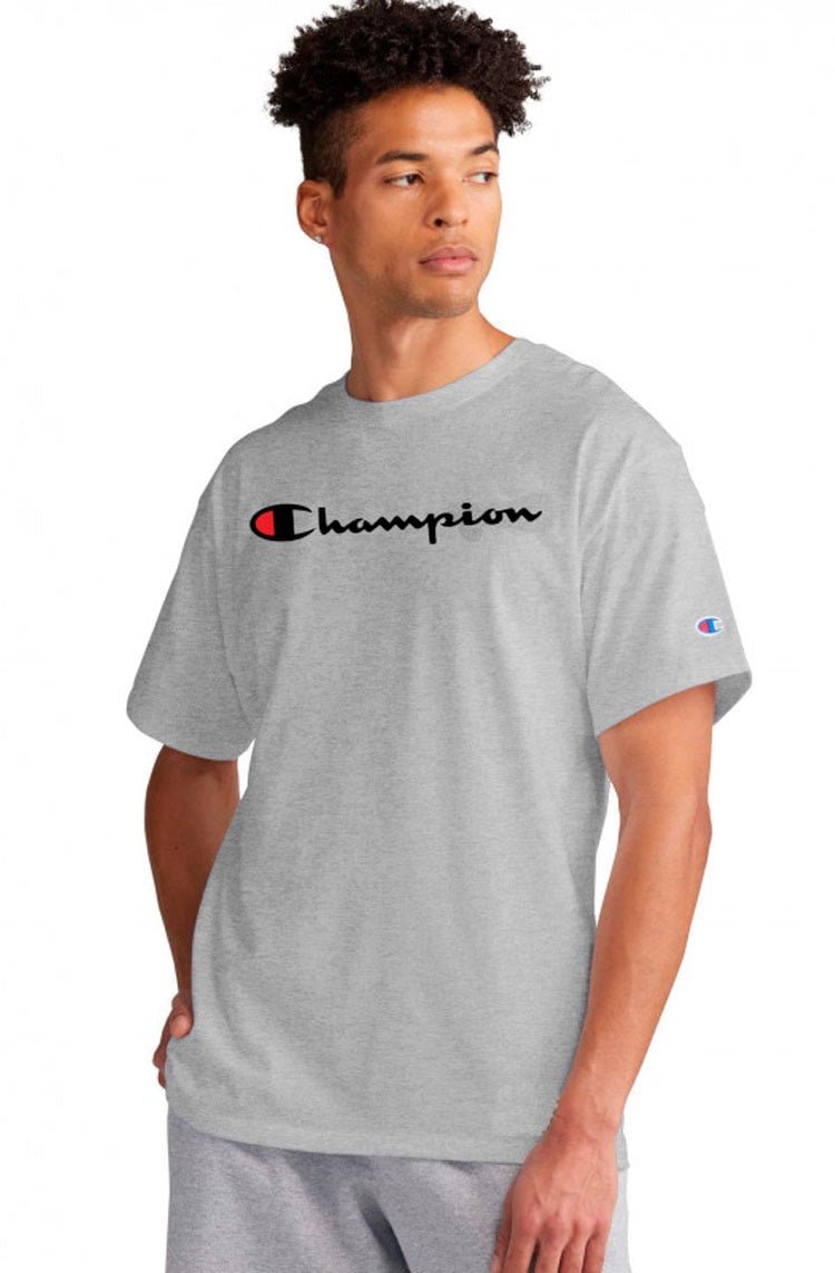 Camiseta Champion Malha Grossa Script Patch Logo Cinza/Preto - NewSkull