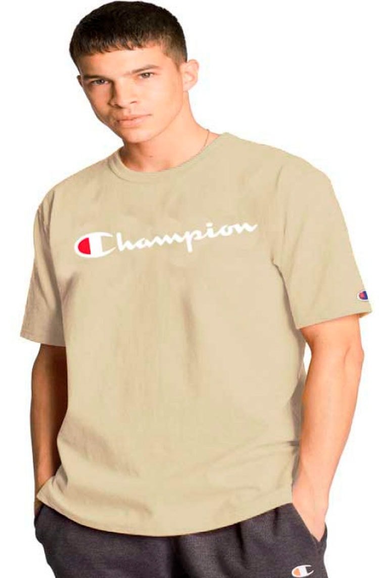 Camiseta Champion Malha Grossa Script Patch Logo Marrom/Branco - NewSkull
