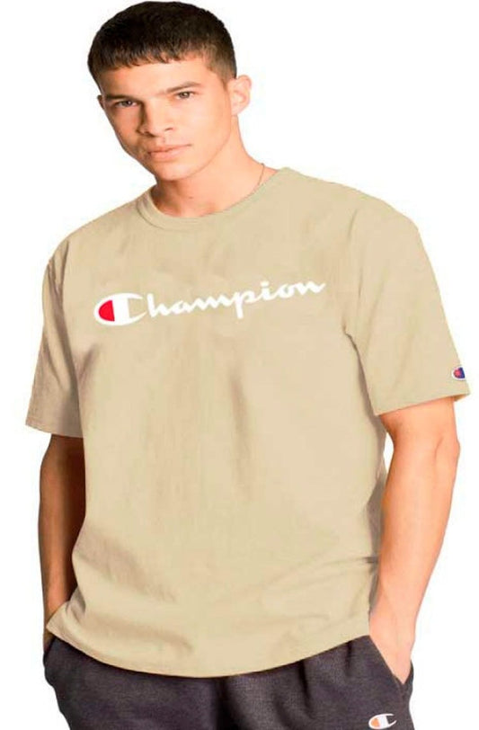 Camiseta Champion Malha Grossa Script Patch Logo Marrom/Branco - NewSkull