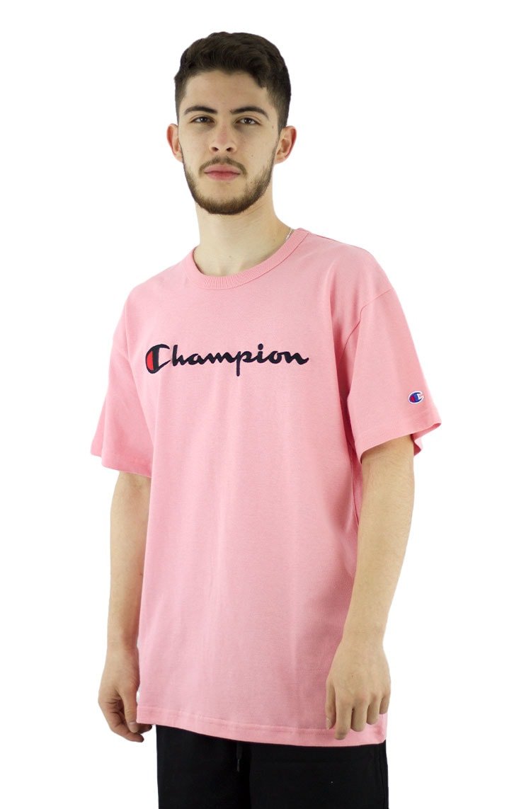 Camiseta Champion Malha Grossa Script Patch Logo Rosa/Preta - NewSkull
