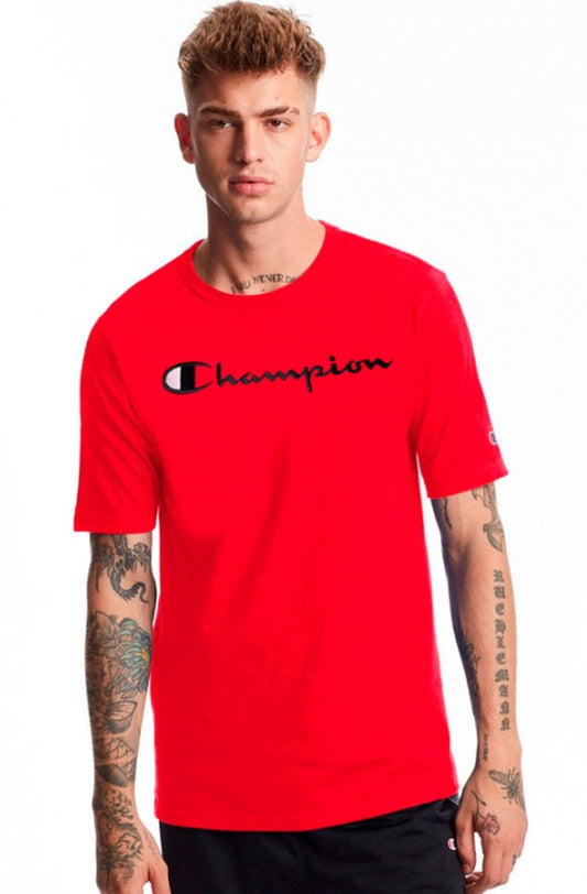 Camiseta Champion Malha Grossa Script Patch Logo Vermelho/Preto - NewSkull
