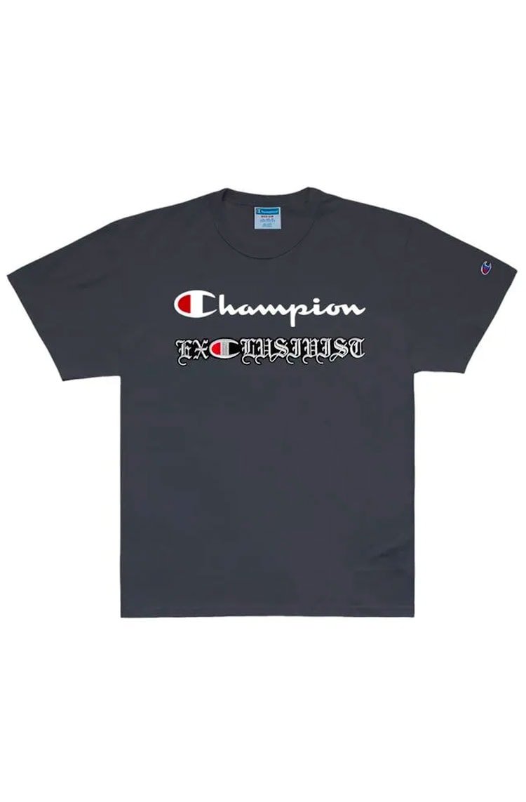 Camiseta Champion Malha Pesada Script Bordado Patch 1OF1 Exclusiviist Metalizado Cinza - NewSkull