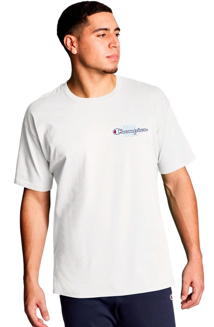 Camiseta Champion Manga Curta Logo Mnini USA Off White - NewSkull