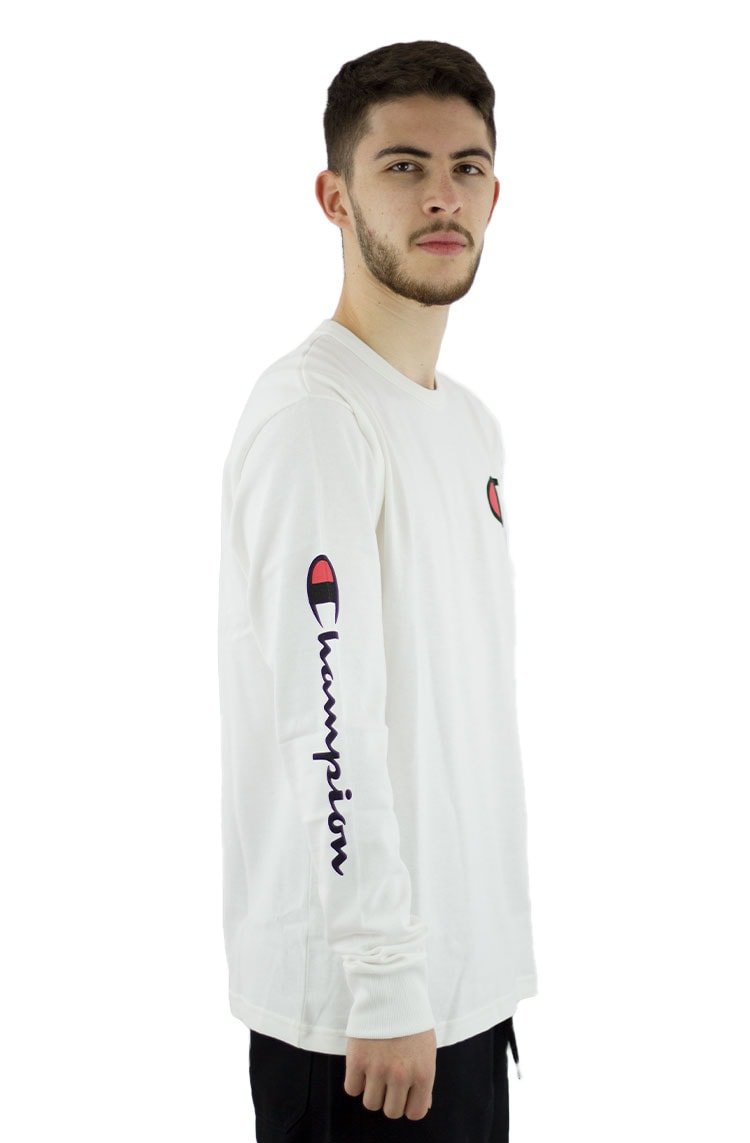 Camiseta Champion Manga Longa Malha Grossa Logo C Script Left Sleeve Ink Branca/Preta - NewSkull