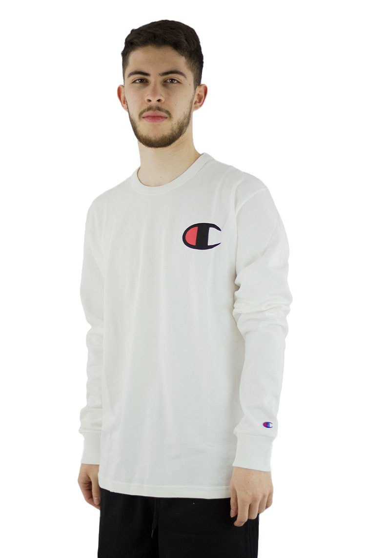 Camiseta Champion Manga Longa Malha Grossa Logo C Script Left Sleeve Ink Branca/Preta - NewSkull
