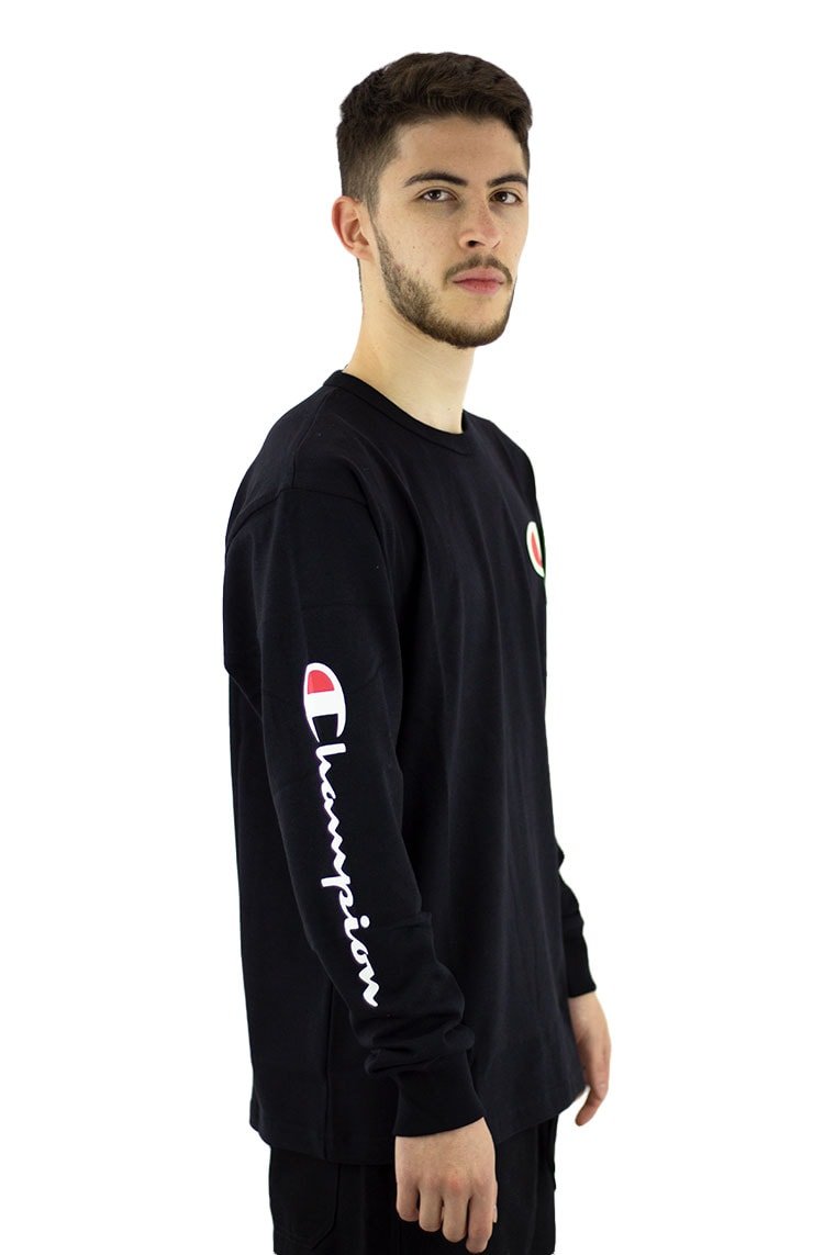 Camiseta Champion Manga Longa Malha Grossa Logo C Script Left Sleeve Ink Preta/Branca - NewSkull