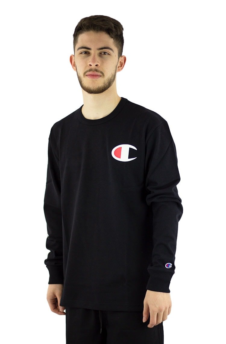 Camiseta Champion Manga Longa Malha Grossa Logo C Script Left Sleeve Ink Preta/Branca - NewSkull