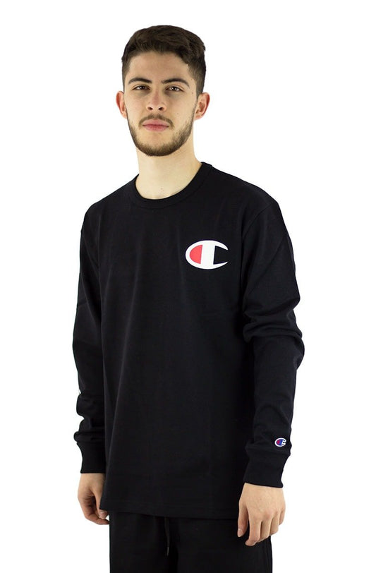 Camiseta Champion Manga Longa Malha Grossa Logo C Script Left Sleeve Ink Preta/Branca - NewSkull