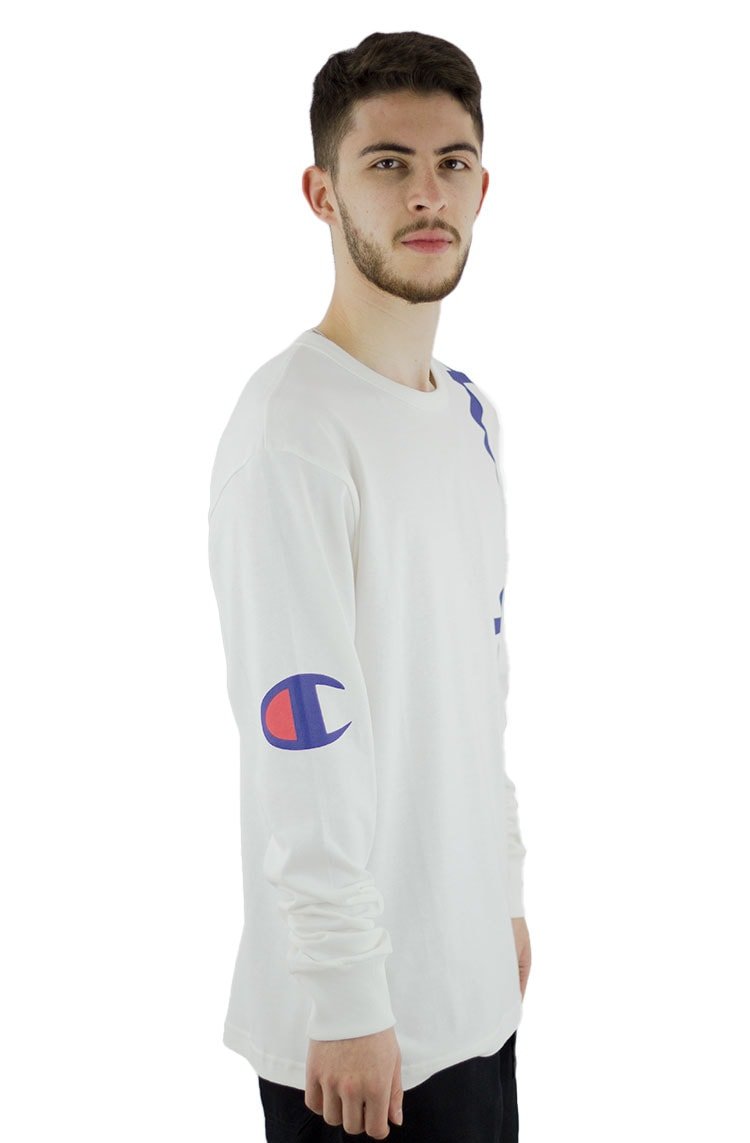 Camiseta Champion Manga Longa Malha Grossa Shoulder Script Logo Ink Branca/Azul - NewSkull