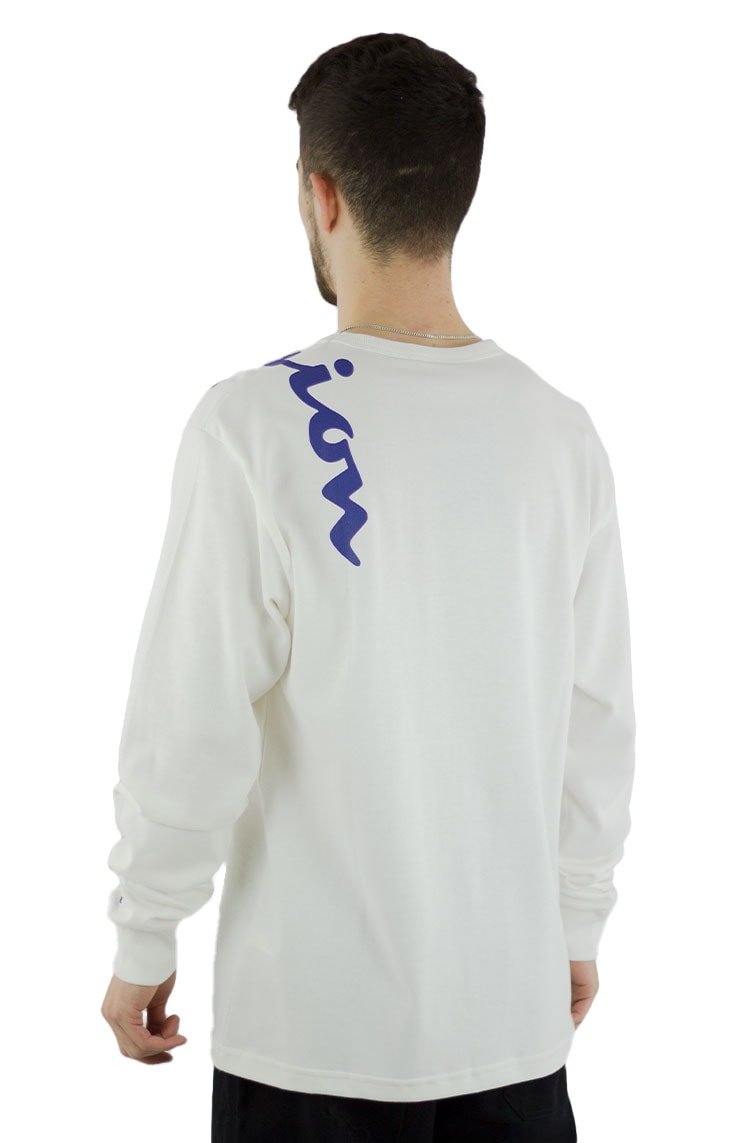 Camiseta Champion Manga Longa Malha Grossa Shoulder Script Logo Ink Branca/Azul - NewSkull
