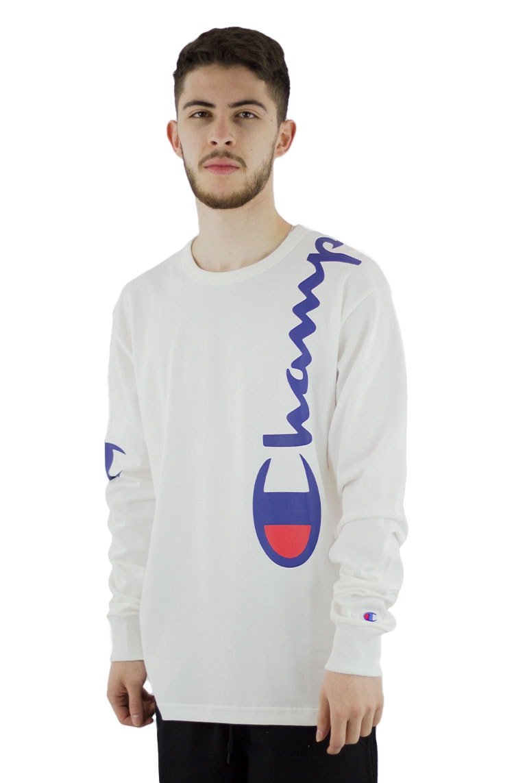 Camiseta Champion Manga Longa Malha Grossa Shoulder Script Logo Ink Branca/Azul - NewSkull