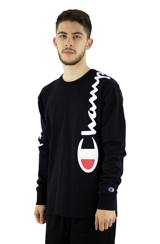 Camiseta Champion Manga Longa Malha Grossa Shoulder Script Logo Ink Preta/Branca - NewSkull
