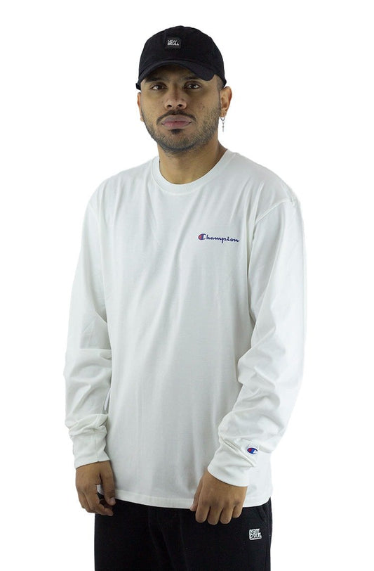 Camiseta Champion Manga Longa Mini Script Logo Print Branca/Azul - NewSkull