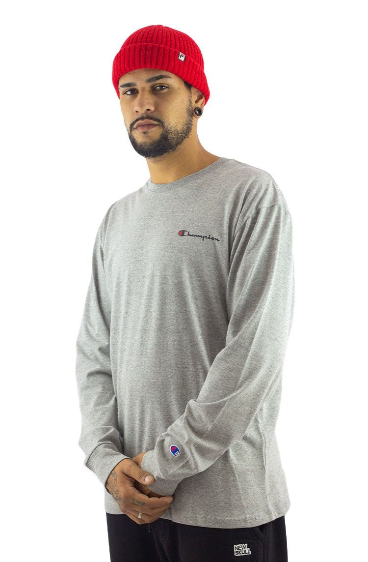 Camiseta Champion Manga Longa Mini Script Logo Print Cinza/Preta - NewSkull