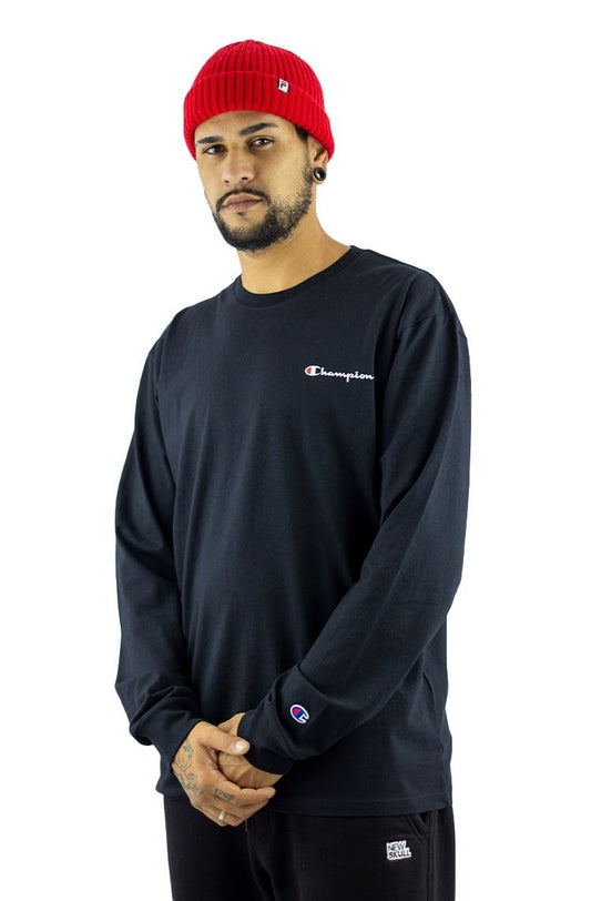 Camiseta Champion Manga Longa Mini Script Logo Print Preta/Branca - NewSkull