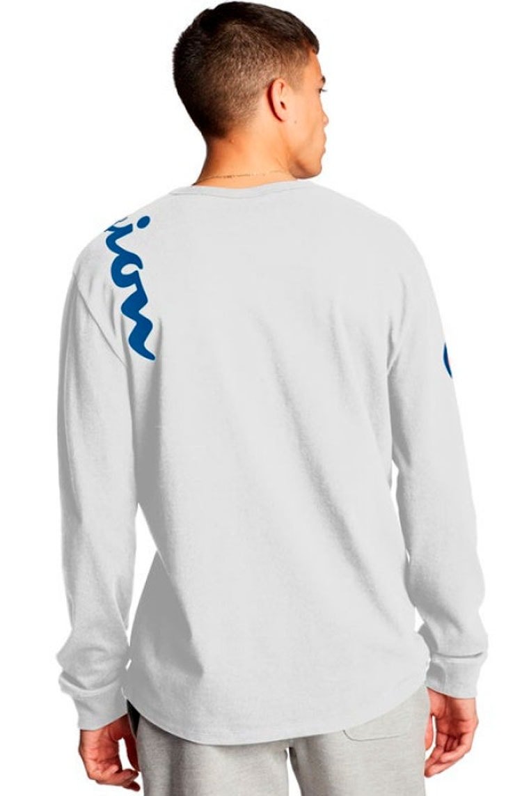 Camiseta Champion Manga Longa Over The Shoulder Branco/Azul - NewSkull
