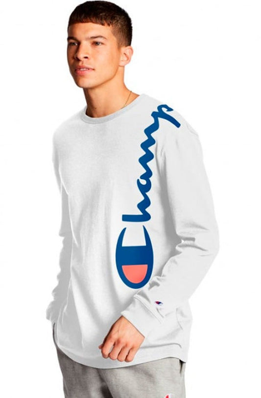 Camiseta Champion Manga Longa Over The Shoulder Branco/Azul - NewSkull