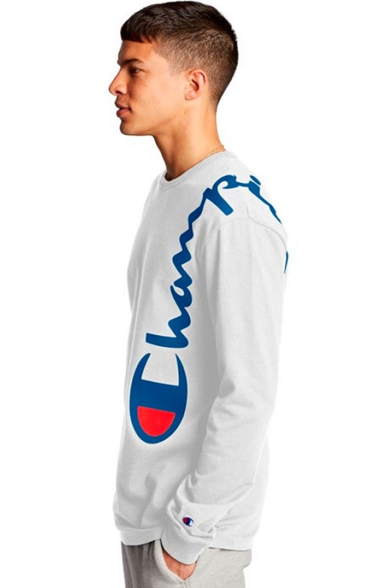 Camiseta Champion Manga Longa Over The Shoulder Branco/Azul - NewSkull
