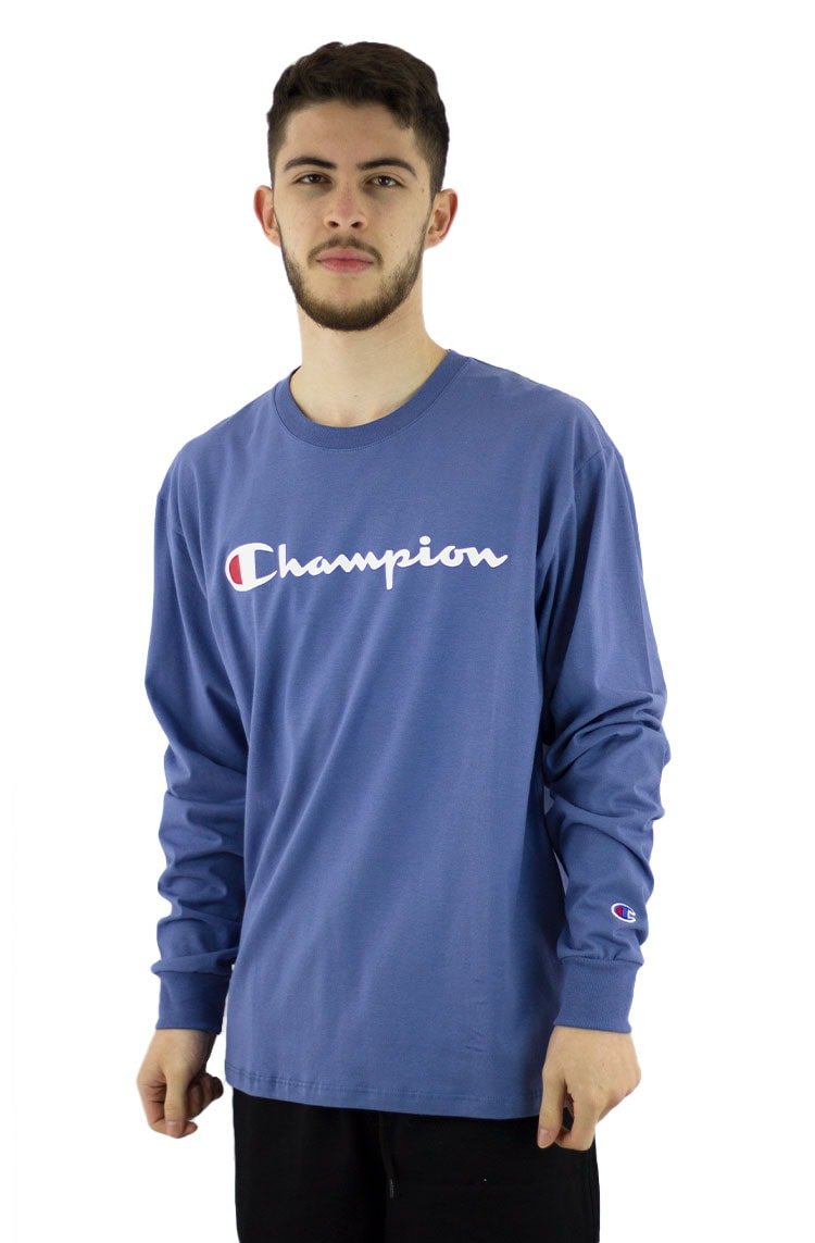 Camiseta Champion Manga Longa Script Logo Print Azul Claro/Branca - NewSkull