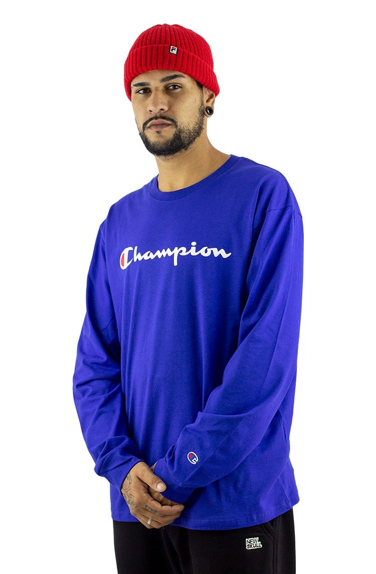 Camiseta Champion Manga Longa Script Logo Print Azul/Branca - NewSkull