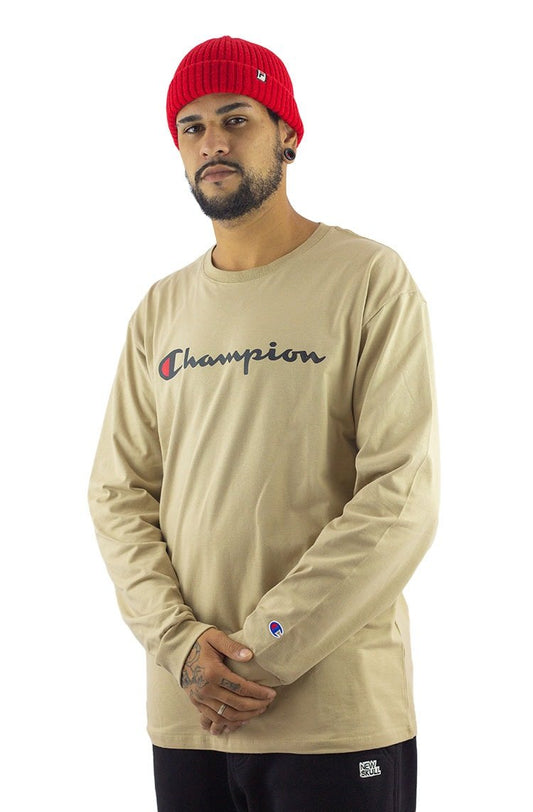 Camiseta Champion Manga Longa Script Logo Print Bege/Preta - NewSkull