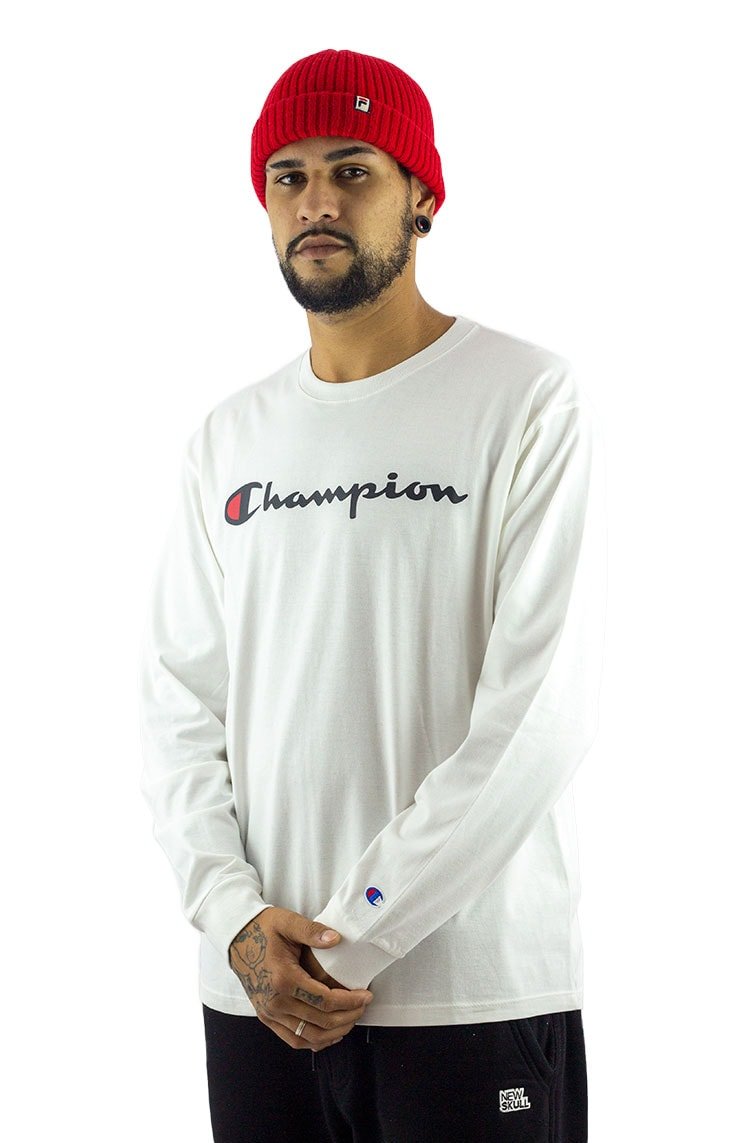 Camiseta Champion Manga Longa Script Logo Print Branca/Preta - NewSkull