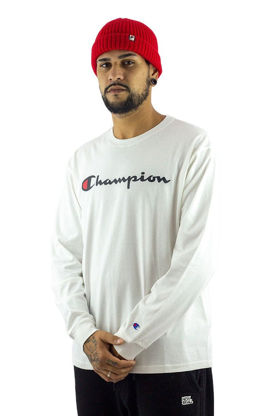 Camiseta Champion Manga Longa Script Logo Print Branca/Preta - NewSkull