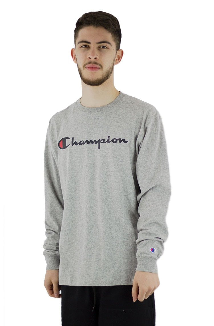 Camiseta Champion Manga Longa Script Logo Print Cinza/Preta - NewSkull