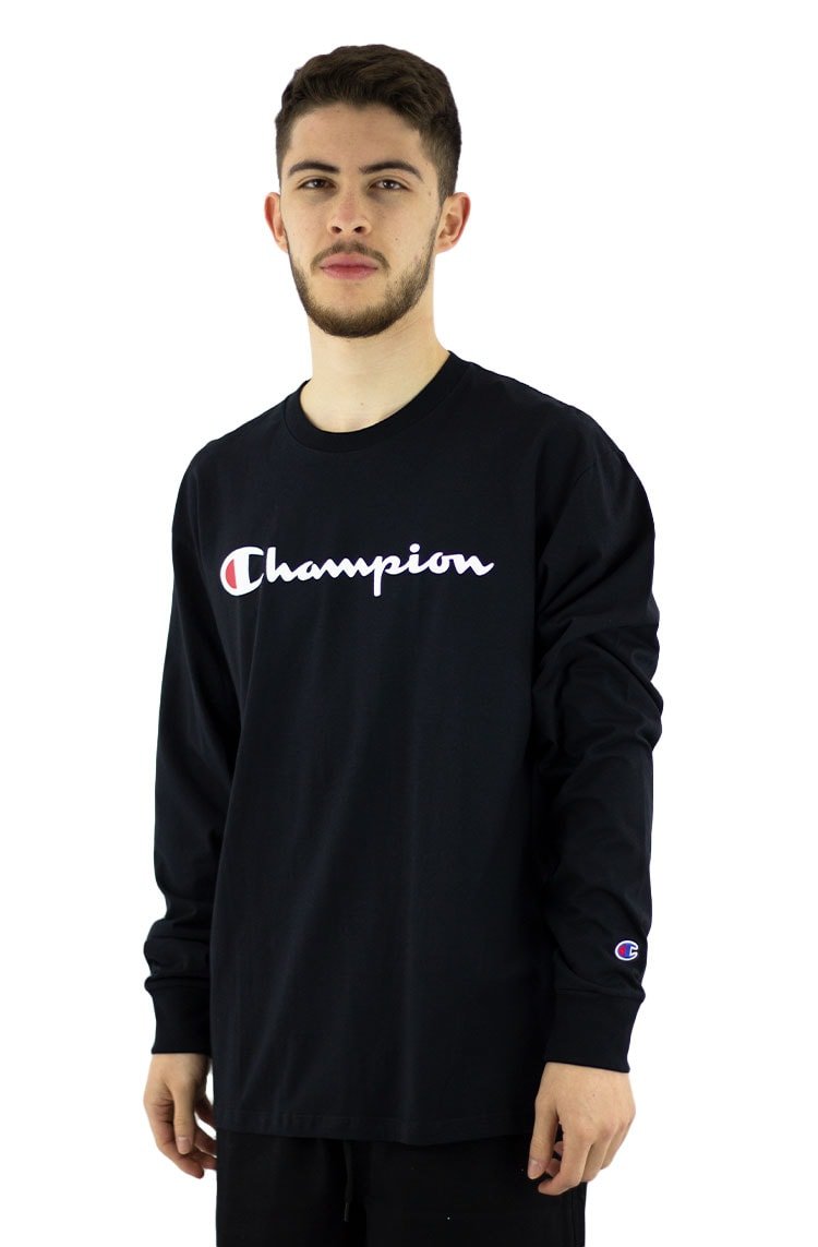 Camiseta Champion Manga Longa Script Logo Print Preta/Branca - NewSkull